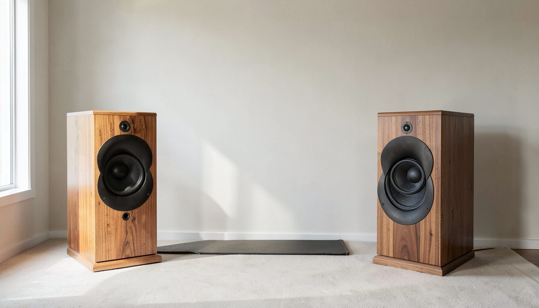 A calm, uncluttered listening room with the large wood-horn loudspeakers positioned in front of a plain wall, soft natural daylight, and no visible screens or displays — a dedicated space for focused listening.