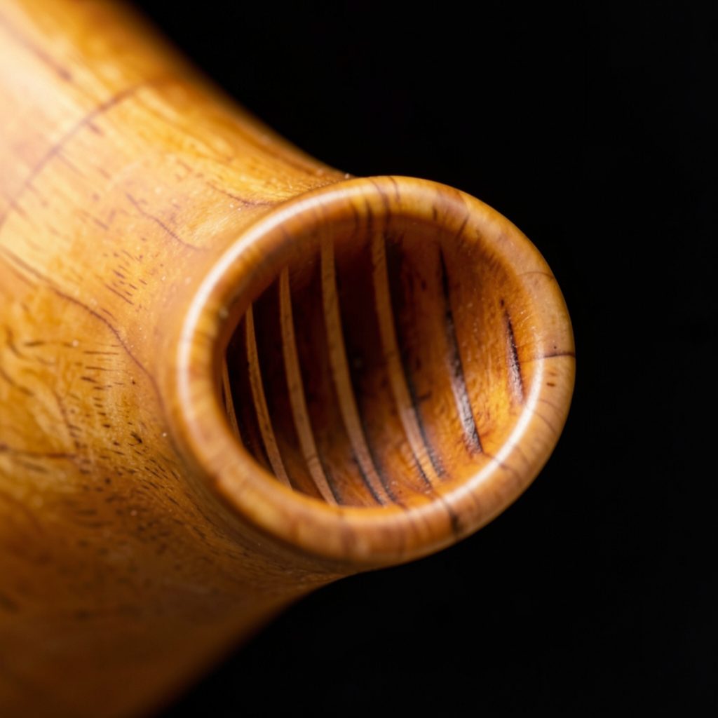 A close-up of a smoothly carved wooden horn throat with vertical fins visible inside, warm amber wood tones against a dark background.