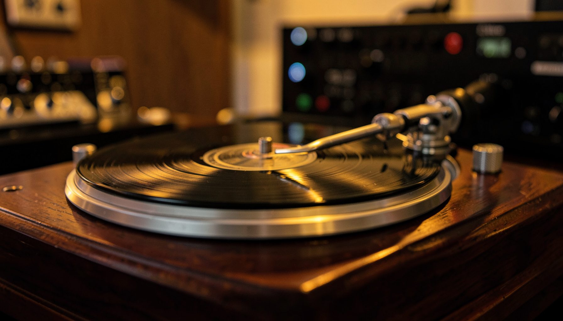 A close-up of a turntable tonearm resting on a vinyl record, warm tungsten light catching the grooves, dark walnut plinth against a softly blurred background of audio equipment