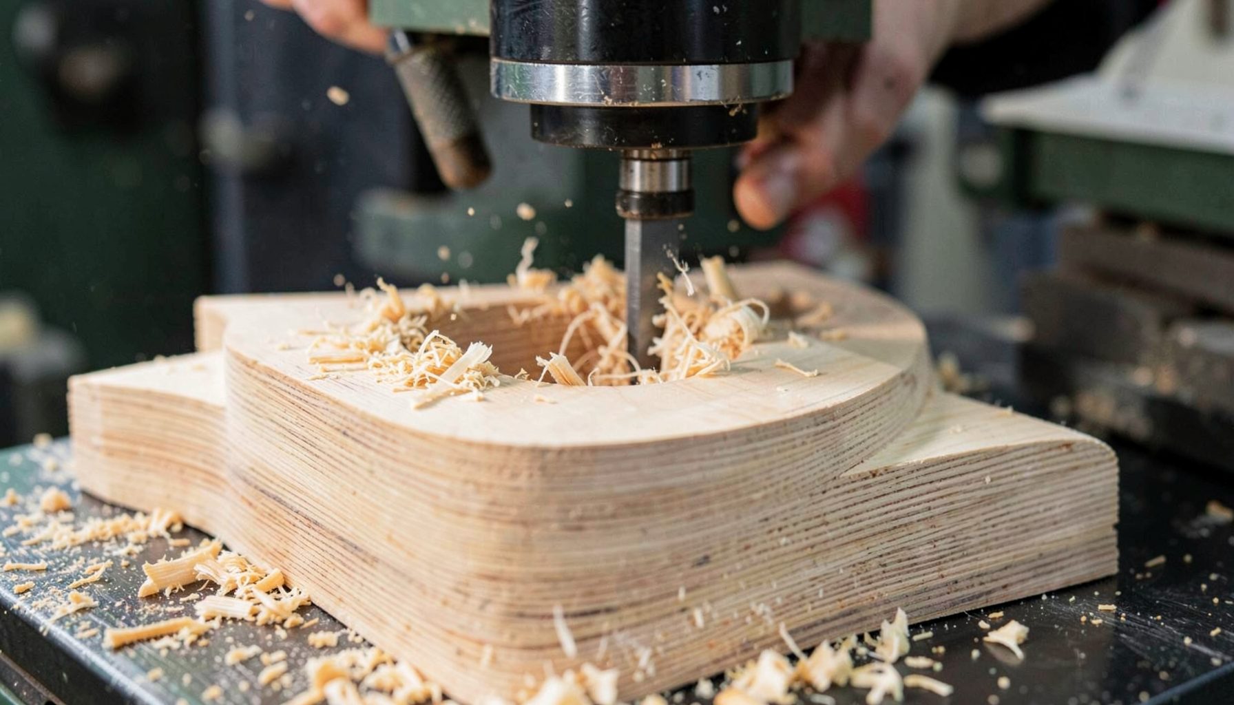 A CNC machine cutting a large wooden horn profile from stacked plywood, with wood shavings and the curved horn shape emerging from the block.