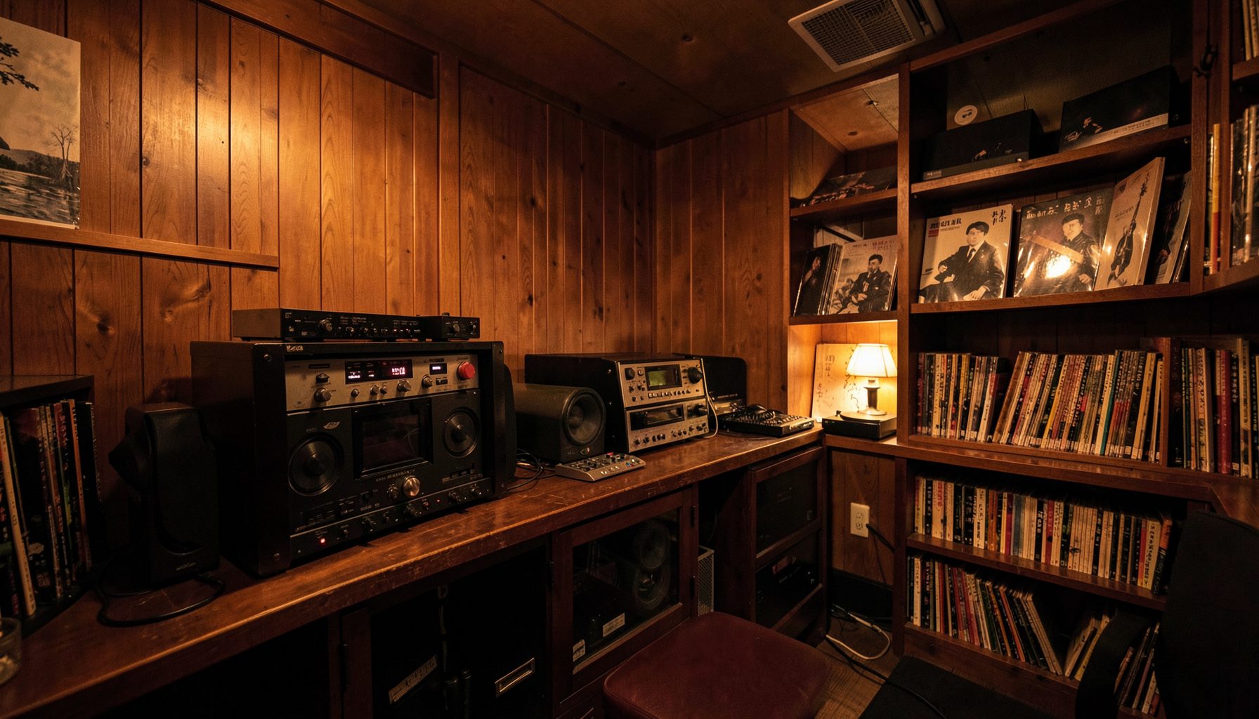 A cozy, dimly lit Japanese listening bar interior with vintage audio equipment, wood-panelled walls, and shelves of vinyl records, warm amber and brown tones throughout.