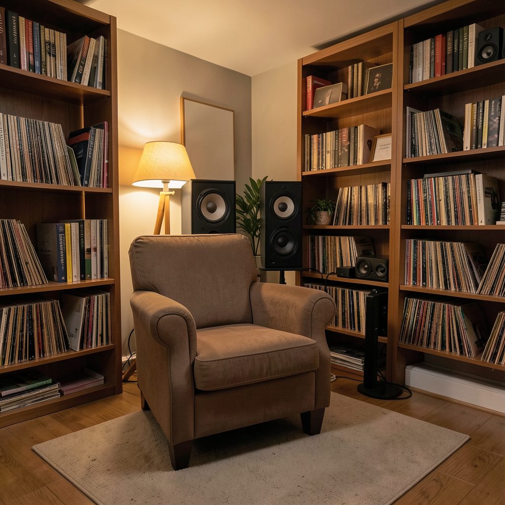 A cozy listening room with a single armchair facing large speakers, warm lamplight, no screens visible, records shelved along one wall.