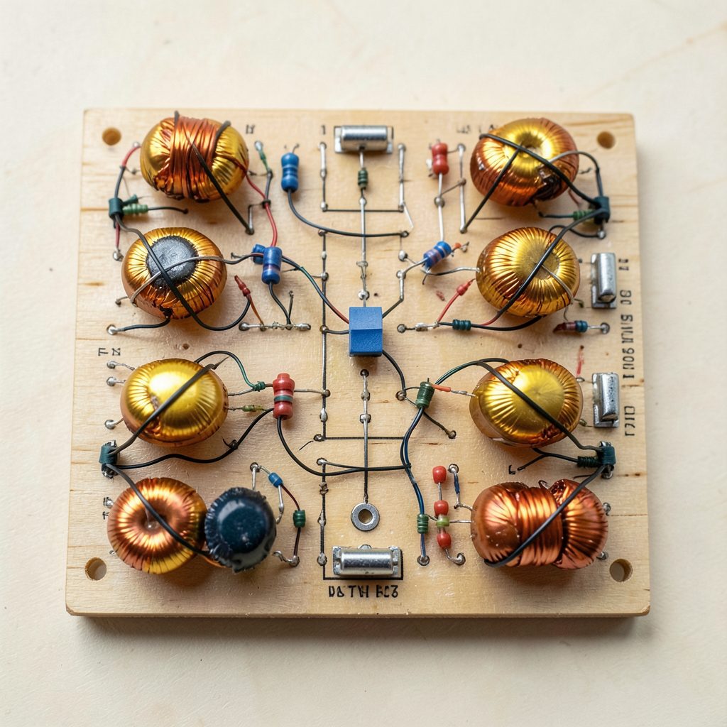 A hand-wired crossover board with large foil inductors and neatly zip-tied components mounted on plywood, showing meticulous point-to-point construction.