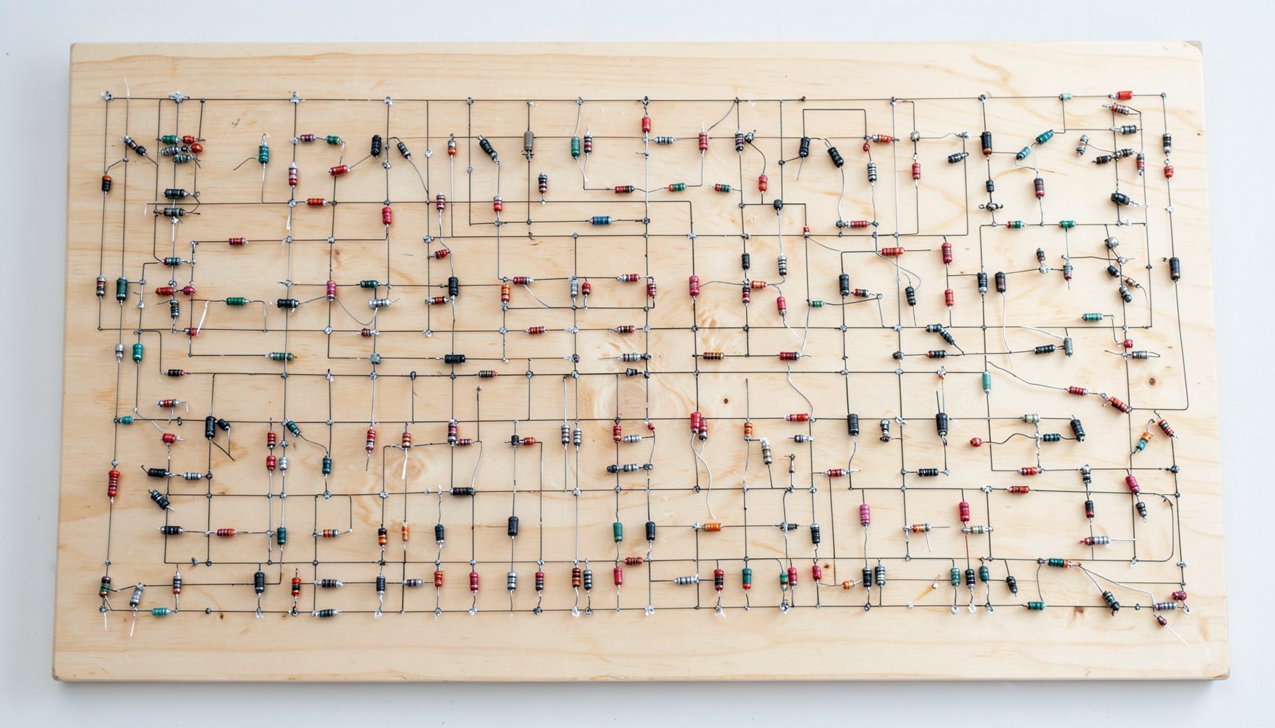 A large plywood board with meticulously arranged crossover components — foil inductors, capacitors, and resistors — all individually zip-tied and glued, with point-to-point wiring in a clean, orderly layout.