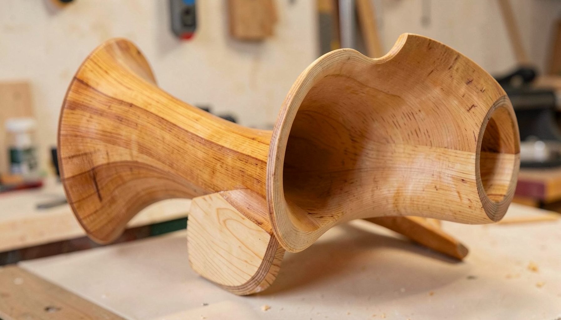 A massive bi-radial wood horn crafted from layered birch plywood, its warm honey-amber grain catching soft workshop light. The horn mouth flares wide and smooth from a compact multi-cellular throat, conveying precision craftsmanship and substantial weight.