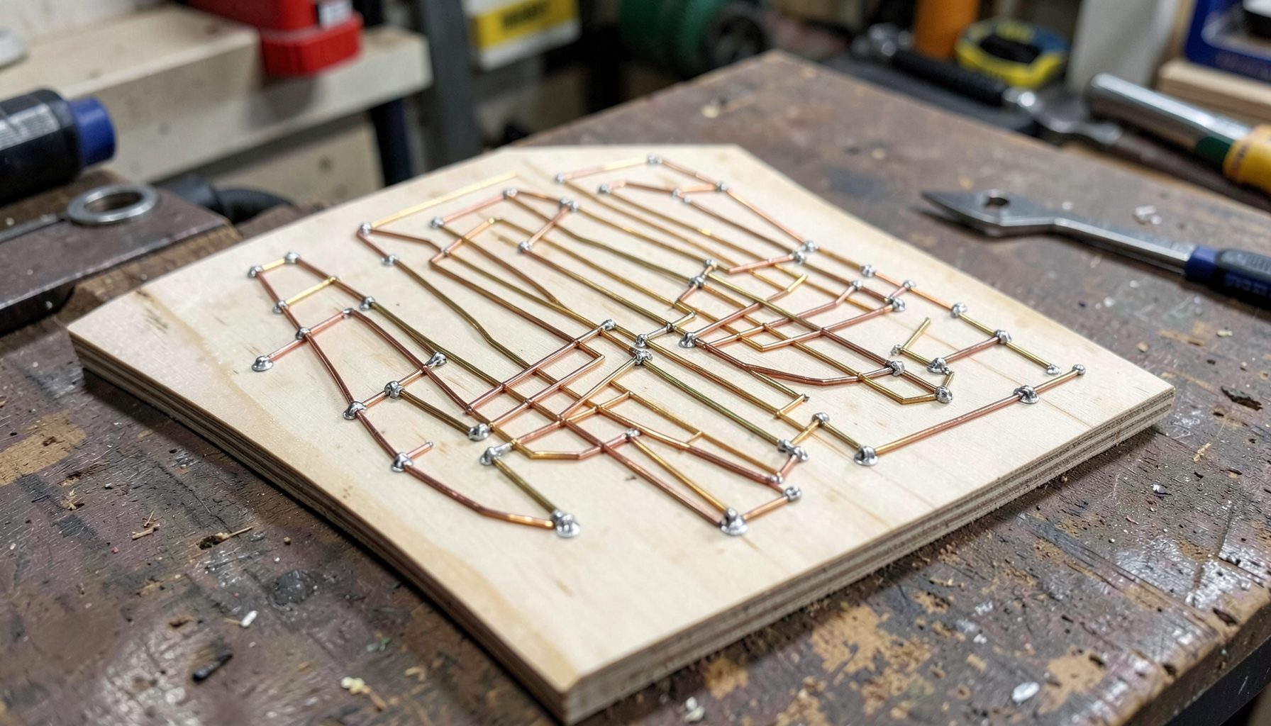 A neatly arranged crossover board showing point-to-point wiring with thick copper traces and silver-gold solder joints, mounted on a 12-millimeter plywood panel in a workshop setting.