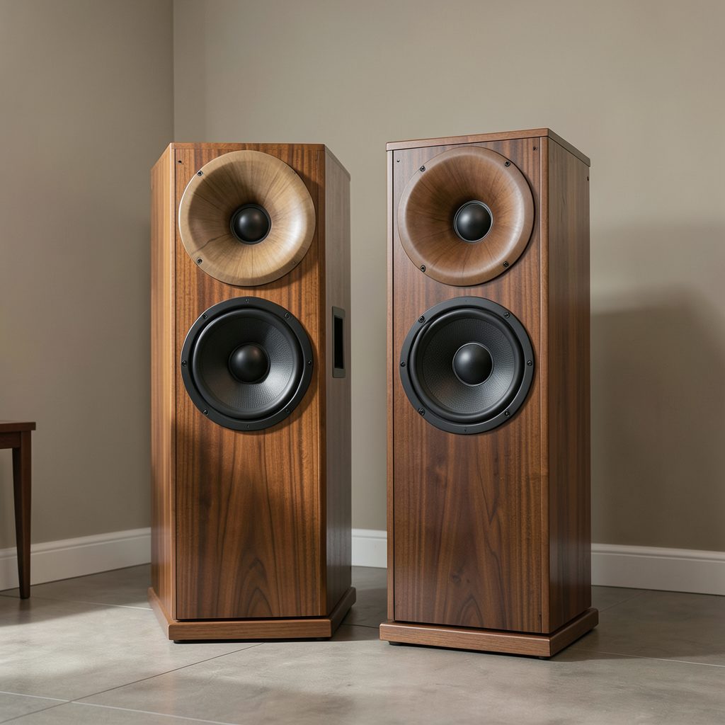A pair of large floor-standing loudspeakers with warm wood-grain cabinets and broad wooden horn flares, set in a softly lit listening room with neutral walls and minimal decor, conveying craftsmanship and serious audio dedication.
