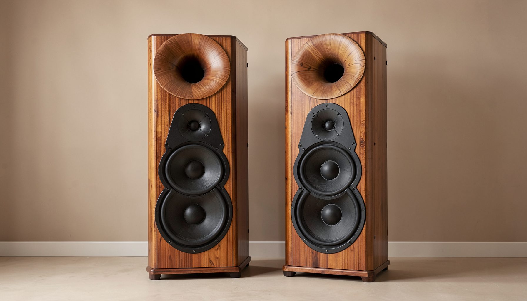 A pair of large floor-standing loudspeakers with warm wood-grain cabinets and substantial bi-radial wood horns mounted on top, set against a softly lit interior wall in neutral beige tones.