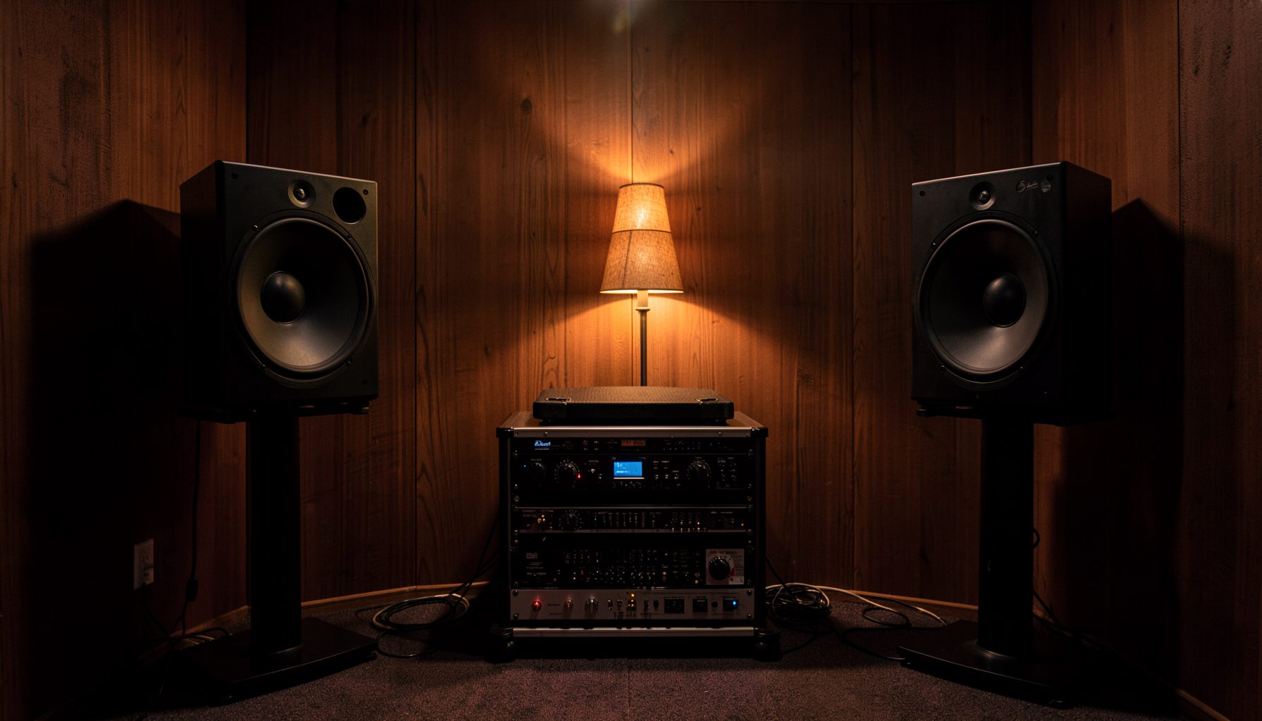 A warm, dimly lit listening room with wood-paneled walls and two large horn-loaded loudspeakers flanking a low equipment rack, soft amber glow from a single lamp, deep browns and muted golds