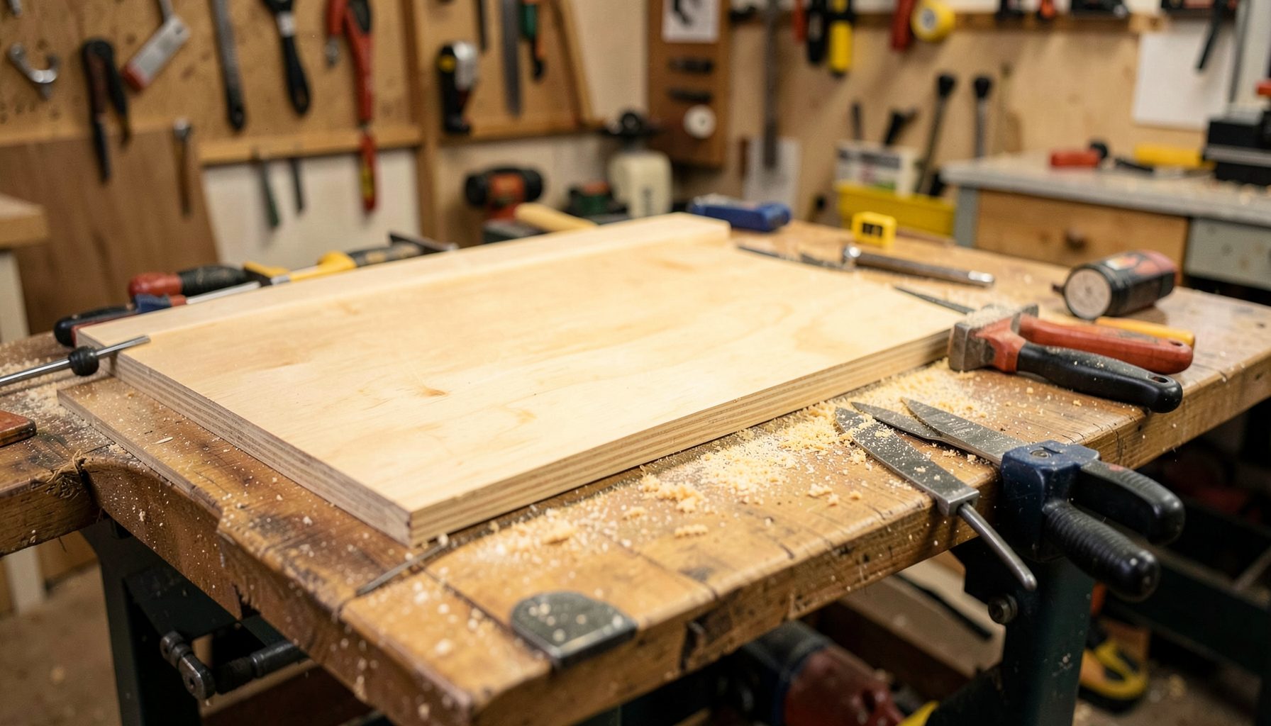 A workshop bench with birch plywood panels, clamps, and woodworking tools, sawdust visible on the surface, warm workshop lighting.