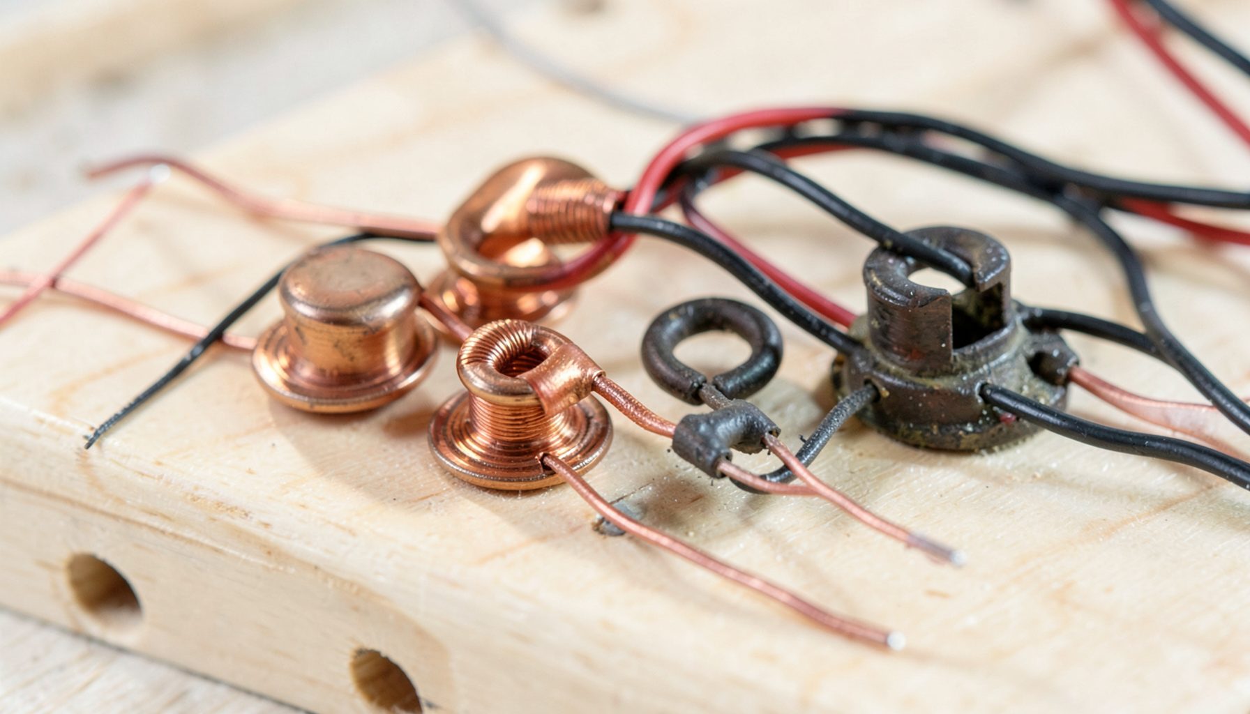 Detail shot of a crossover network showing the contrast between wide copper-coloured foil inductors and darker iron-core inductors, with neatly routed wiring against a pale plywood substrate.