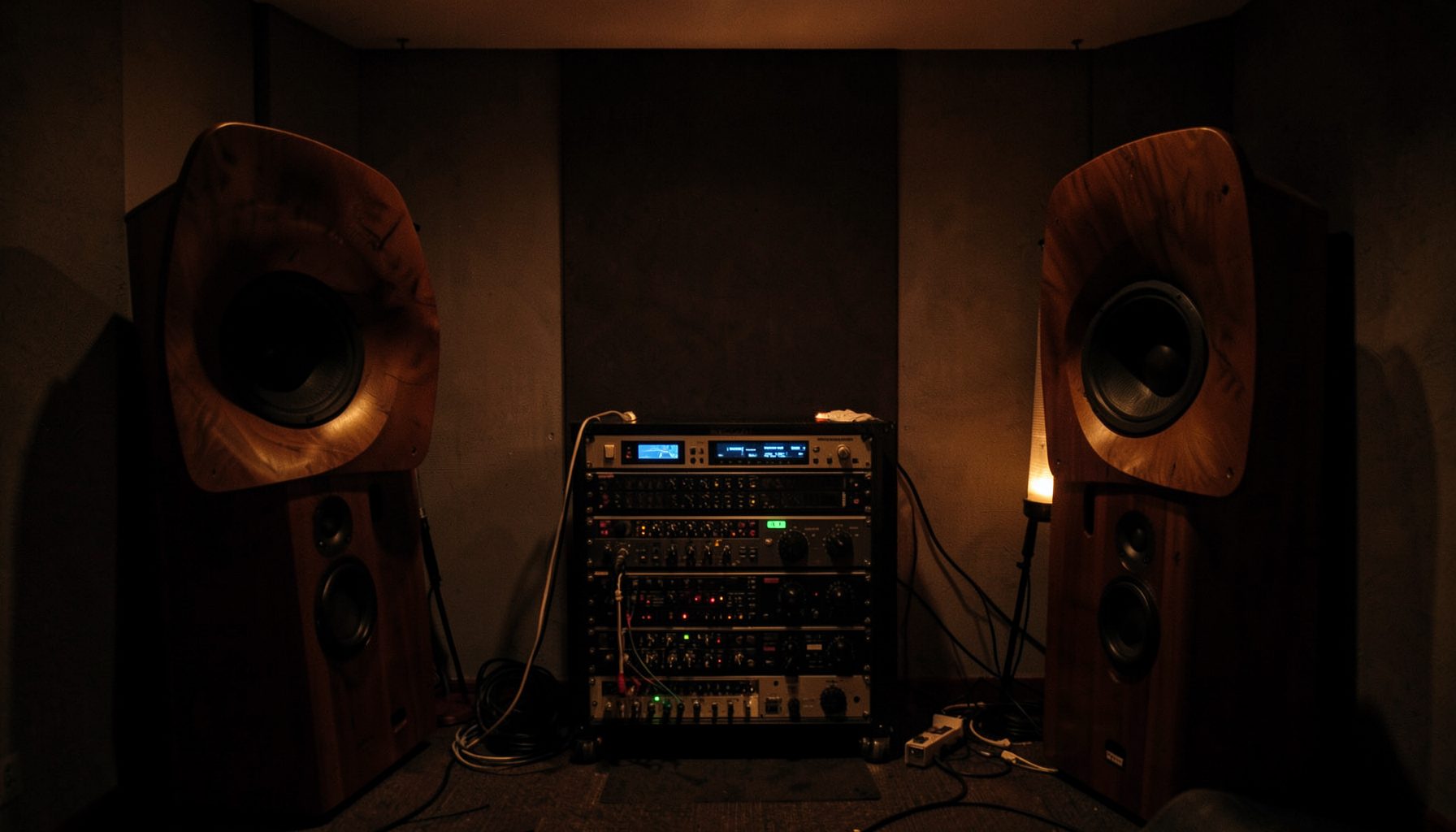 Dimly lit listening room interior with large wooden horn speakers flanking a equipment rack, warm amber glow and deep shadows, intimate and serene atmosphere