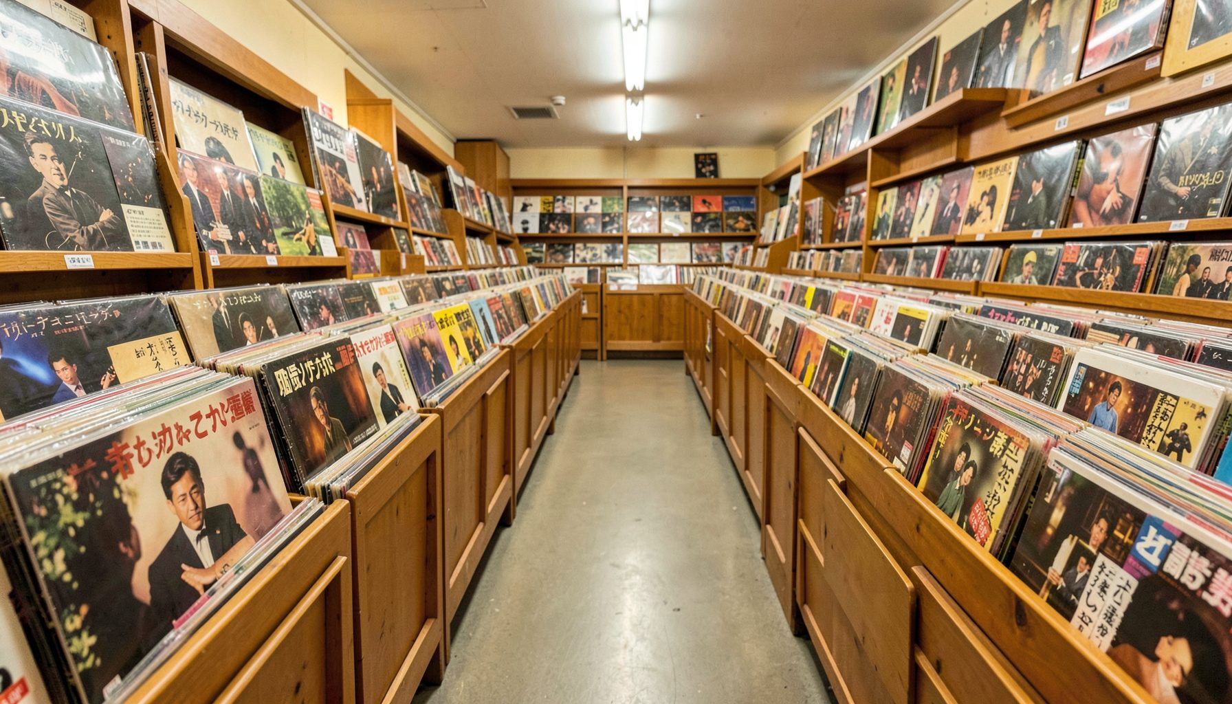 Rows of vinyl records in a well-stocked Japanese record shop, with jazz LP covers visible, warm fluorescent lighting, and narrow aisles lined with wooden bins.