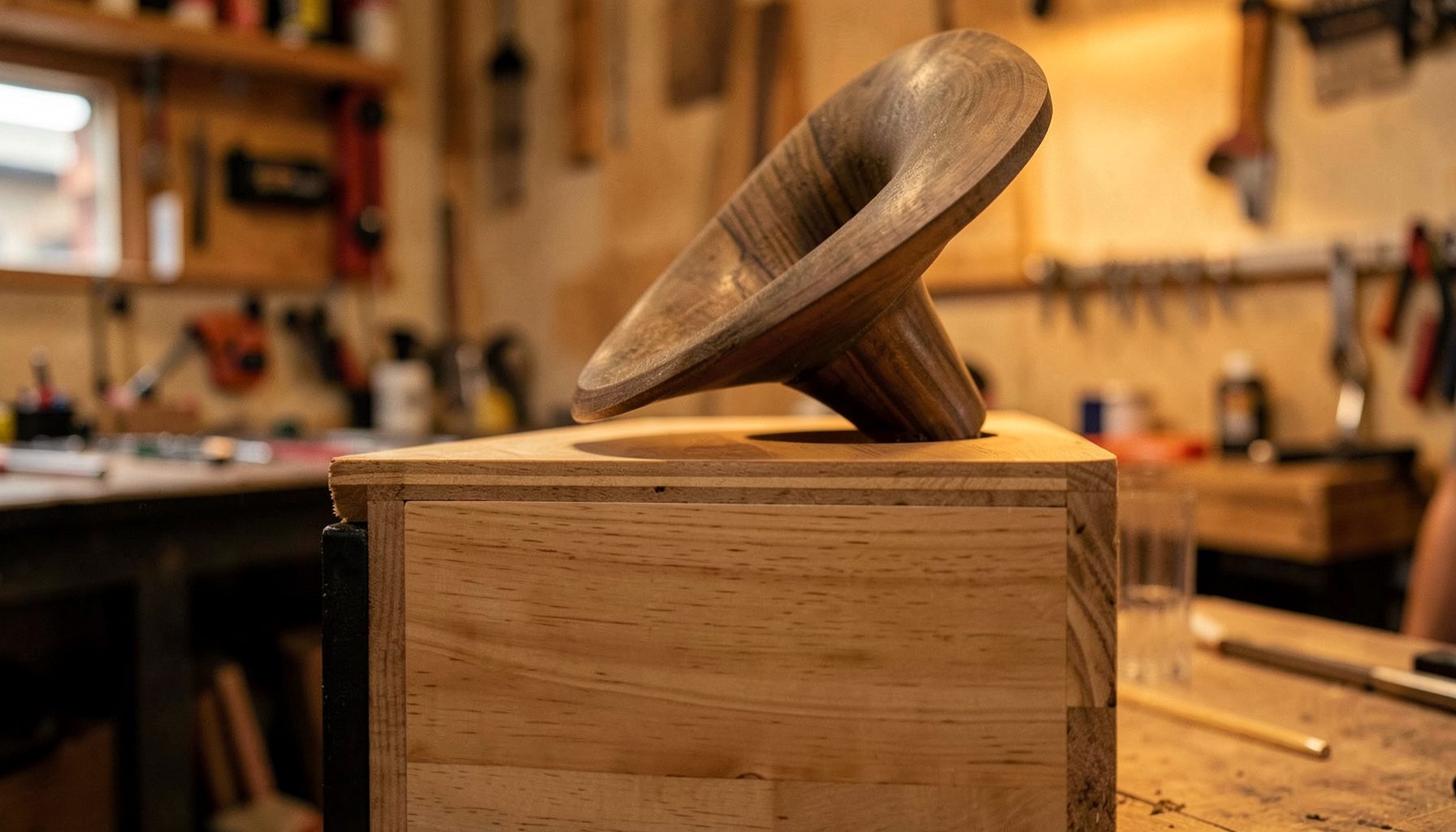 Side profile of a horn-loaded loudspeaker in a workshop setting, showing the thick double-layer birch plywood cabinet edge and the horn mounted above, with natural wood grain and warm amber lighting.