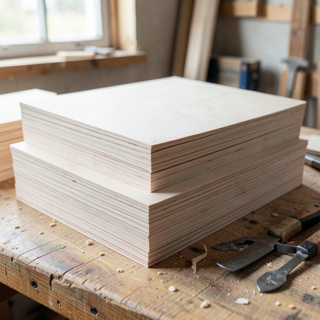 Stacks of birch plywood sheets in a workshop, pale wood grain with subtle layered edges, tools resting nearby in soft natural light.
