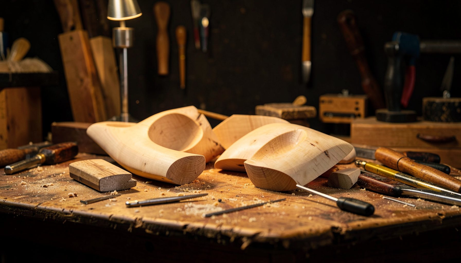 Warmly lit workshop bench with birch plywood horn components and woodworking tools, rich browns and golden wood tones against a dark background
